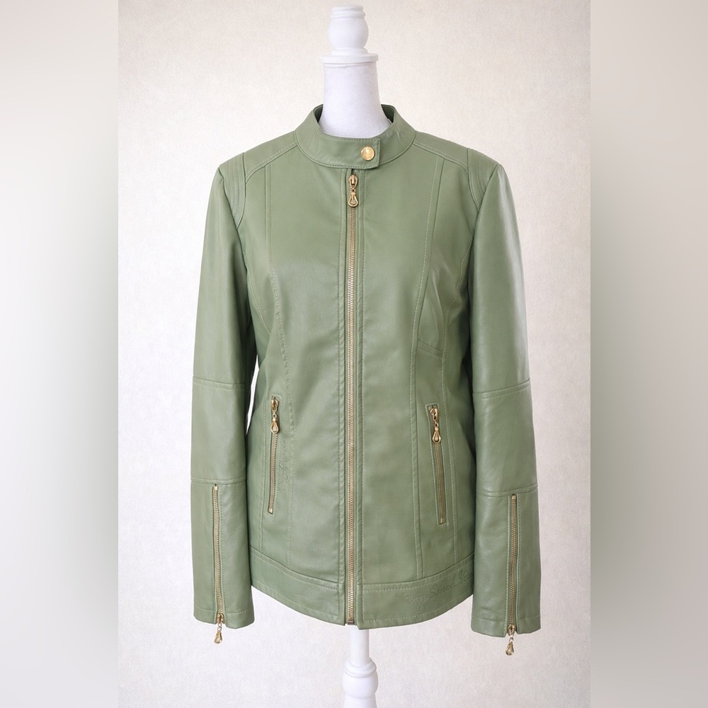 Sage Green Faux Leather Moto Jacket Women’s Zip Up Gold Hardware Biker Jacket